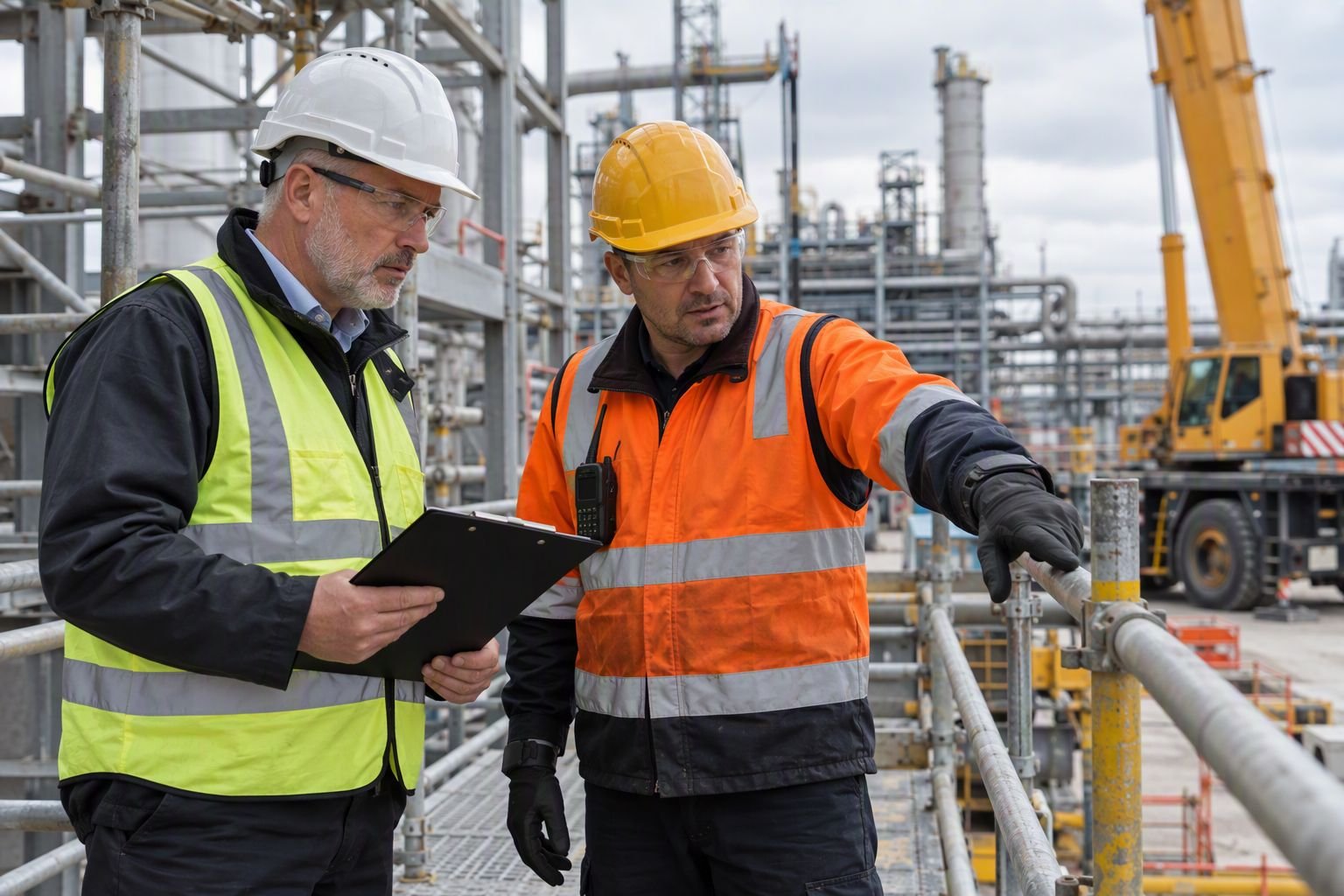 HSE auditor with a clipboard reviewing scaffolding and guardrails with a site supervisor at an industrial plant