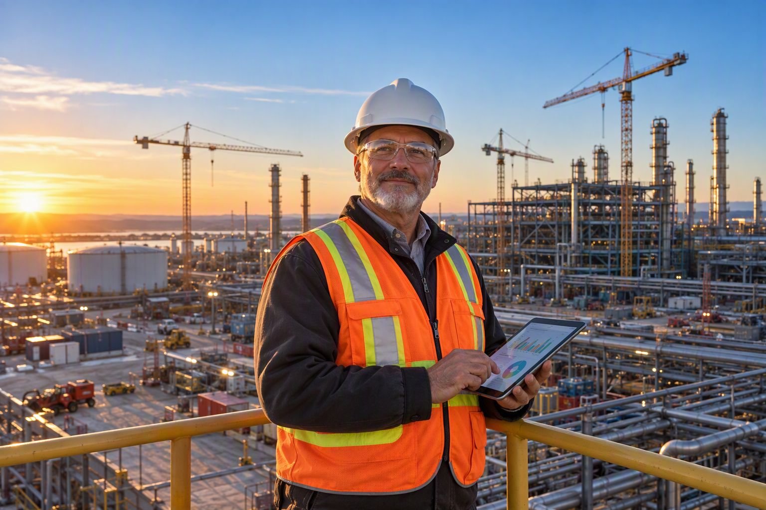 Senior HSE leader in a hard hat reviewing safety data on a tablet above a major industrial construction site at sunrise