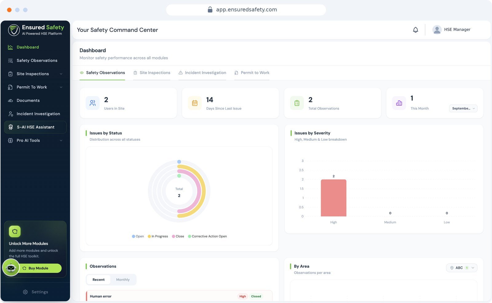 Ensured Safety dashboard showing users on site, days since last issue, observations, issues by status and issues by severity