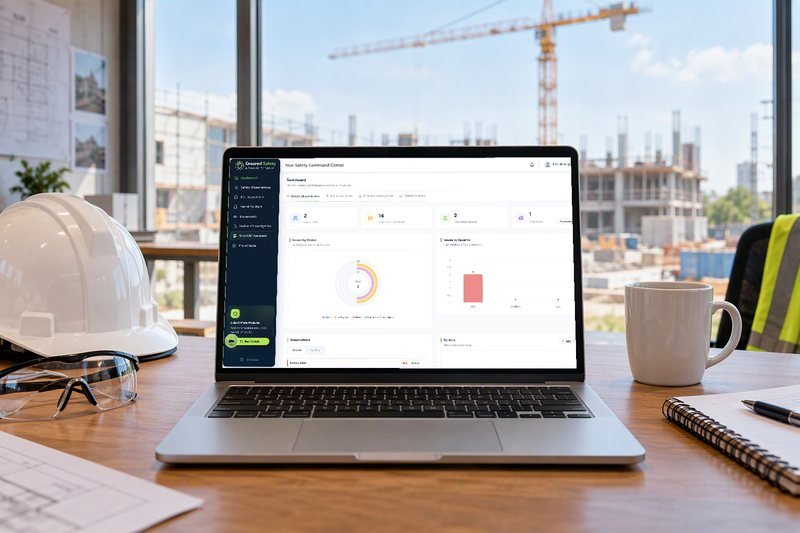 Laptop showing the Ensured Safety dashboard on a site-office desk