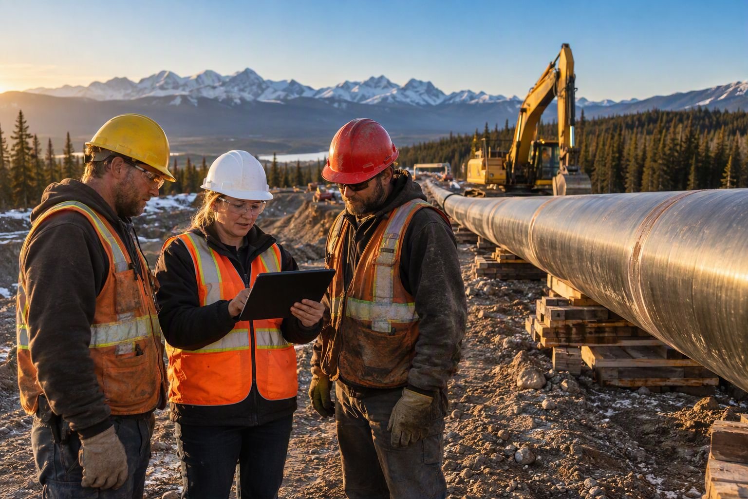 HSE professional reviewing a checklist on a tablet with two pipeline workers at a construction site