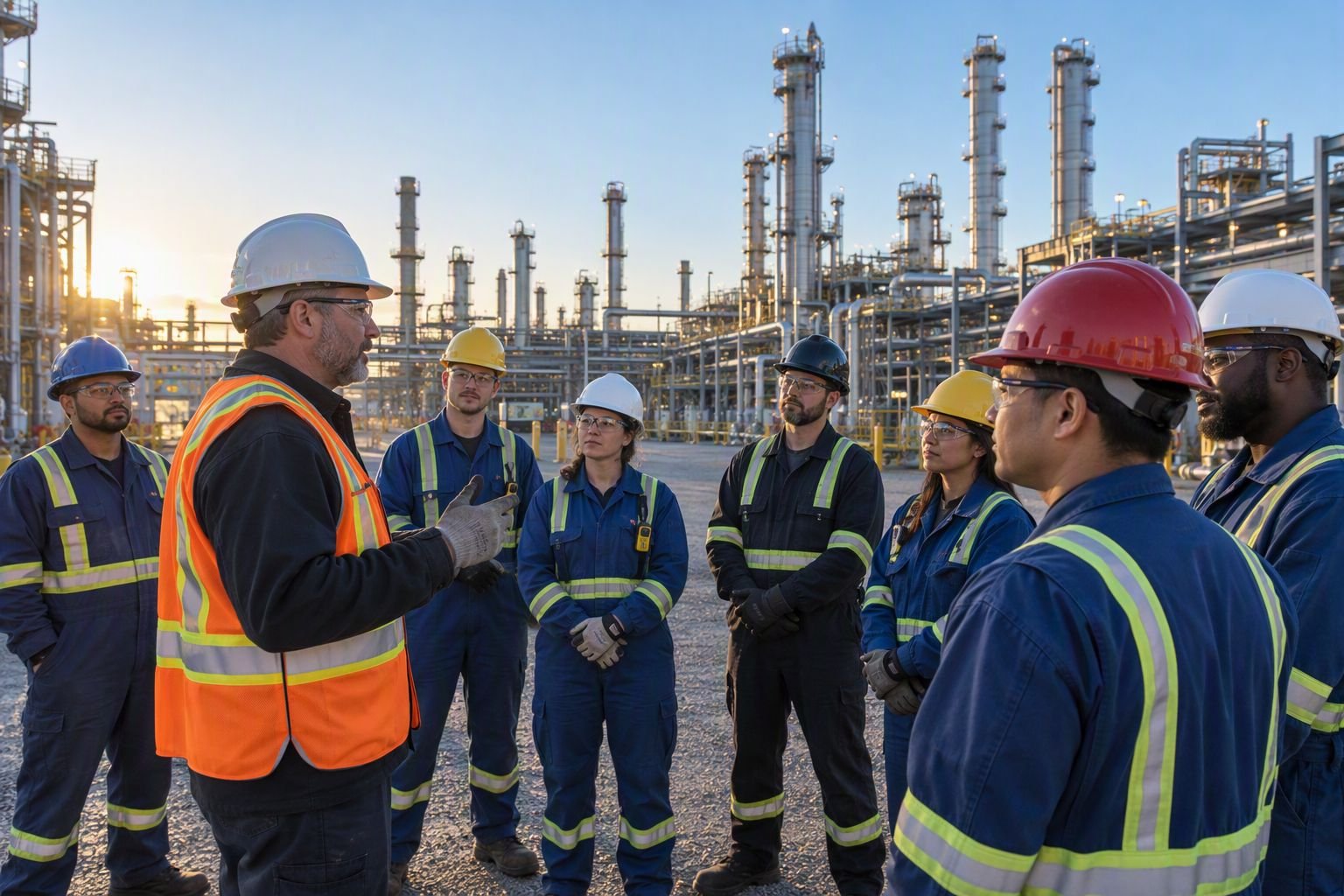 Supervisor leading a morning toolbox talk with a crew in PPE at a refinery
