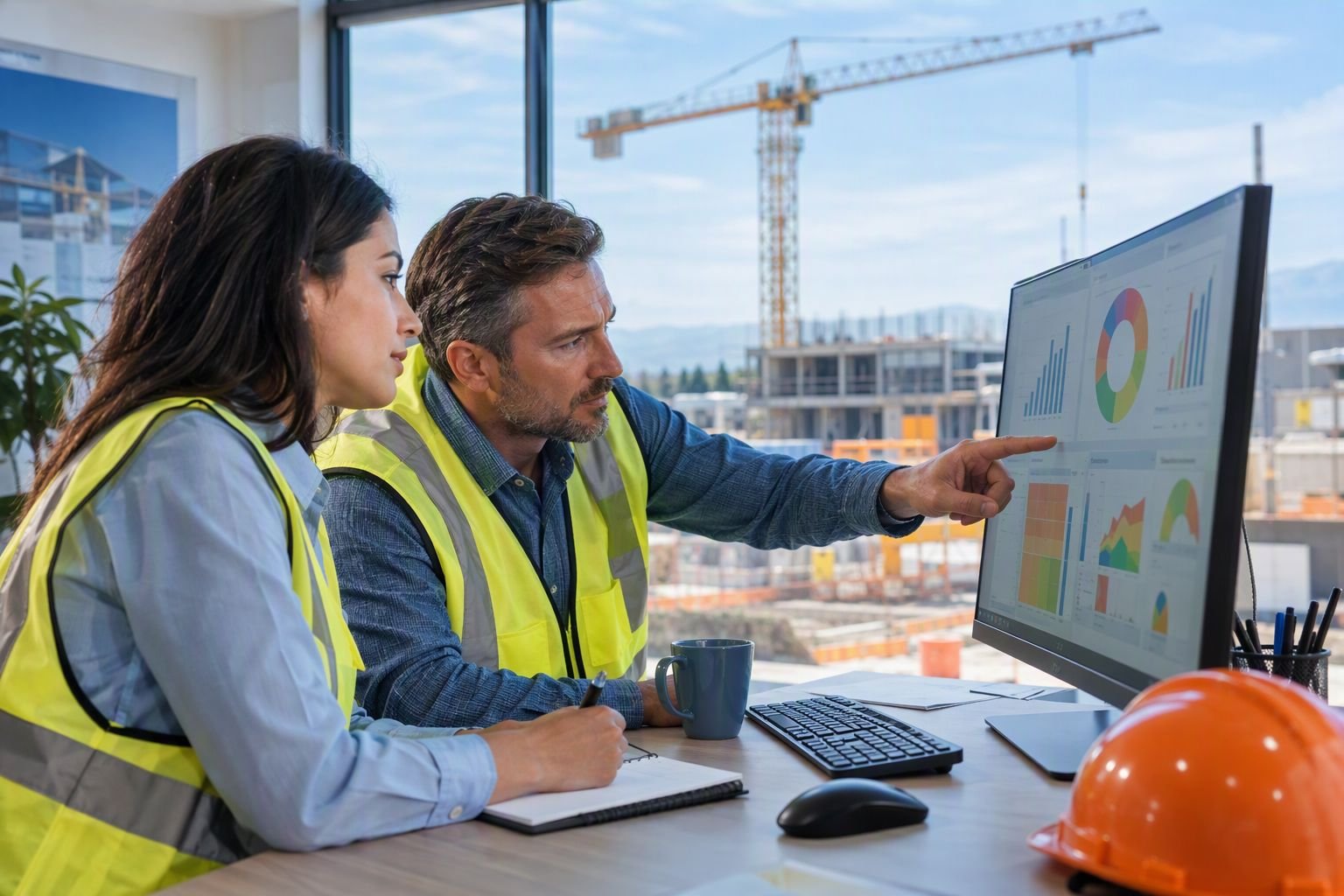 Two safety professionals reviewing safety charts on a monitor in a site office