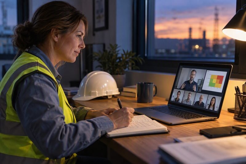 HSE manager taking notes during a live online AI training session on her laptop in the evening